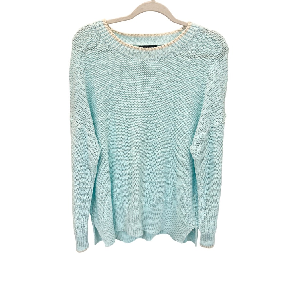 J.Crew Blue Cream Trim Open Knit Crewneck Sweater Beachy Preppy - Size Large